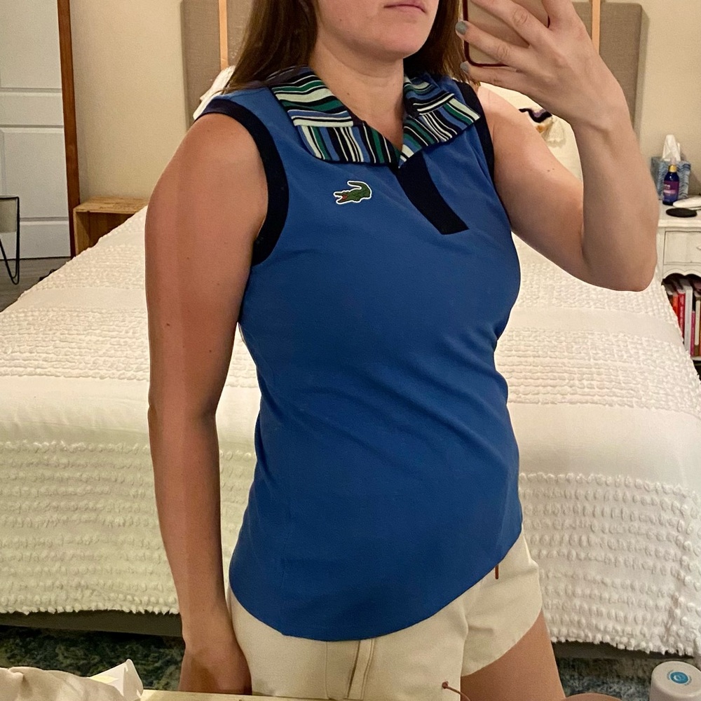 Lacoste Blue Sleeveless Polo Tank with Striped Collar Detail